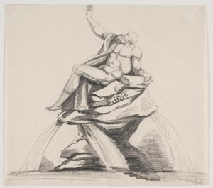 Figura masculina barbuda con vestiduras vista de perfil en una fuente de Jacques Francois Joseph Saly