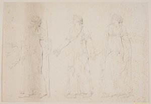 ¿Ofrenda? Tres figuras caminando en vestimentas griegas. Al frente un hombre llevando una ánfora y un bastón o antorcha, seguido de dos mujeres de Jacques Francois Joseph Saly
