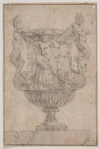 Jarrón decorativo con Pan, fauno y ninfa. Copia de la Pl. 14 en la suite de los jarrones diseñados por Saly en 1746. "Vasa a se inventa..." de Jacques Francois Joseph Saly
