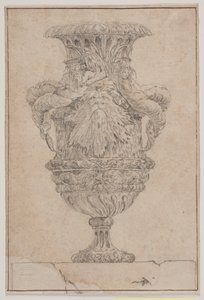 Jarrón decorativo con gran cabeza, dios del mar y ninfa del agua. Copia de la Pl. 26 en la suite de los jarrones dibujados por Saly en 1746. "Vasa a se inventa..."