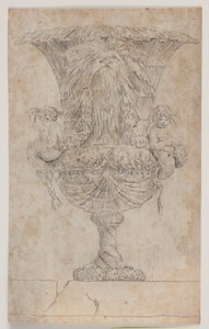 Jarrón ornamental con dos putti (¿sirenas?). Copia de un grabado (pl. 9) de la serie de jarrones dibujados por Saly en 1746. "Vasa a se inventa..." de Jacques Francois Joseph Saly