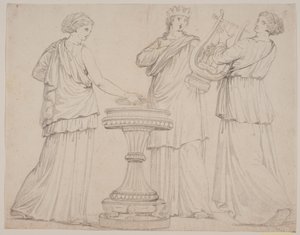 Tres mujeres en vestiduras griegas junto a un altar. La mujer a la izquierda con una tabla (?), en el centro con una corona, a la derecha con una lira (¿terpsícore?) de Jacques Francois Joseph Saly