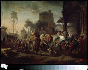 La feria del caballo (Una feria de caballos). Pintura de Jacques-Francois (Jacques Francois) Joseph Swebach (1769-1823). Óleo sobre lienzo, 24 x 42 cm de Jacques Francois Joseph Swebach