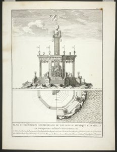 Plano y alzado de una sala de música, lámina tres de Description des Festes Données par la Ville de Paris de Jacques François Blondel