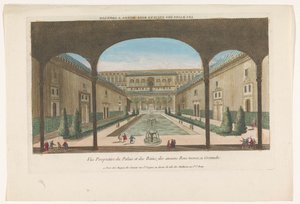 Vista de un patio con fuentes de la Alhambra de Granada Les bains des enciens rois Mores, una granada (título sobre objeto)