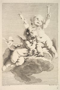 Dos cupidos, uno sosteniendo antorchas de Jacques Gabriel Huquier