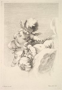Dos cupidos, uno sosteniendo una corona, mediados a finales del siglo XVIII de Jacques Gabriel Huquier