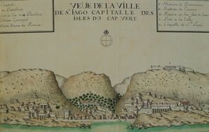 La ciudad de Saint Jago (Santiago) en Cabo Verde, acuarela del cuaderno de bitácora de Jacques Gouin de Beauchesne, capitán de barco en los Mares del Sur de 1698 a 1701.