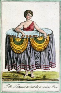 Joven mujer ofrece regalos al rey, Tahití, Islas de la Sociedad, grabado de la Enciclopedia de viajes, por Jacques Grasset de Saint-Sauveur (1757-1810) de Jacques Grasset de Saint Sauveur