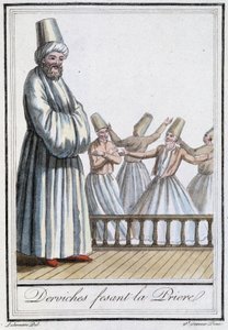 Derviches rezando (Derviches danzantes) - en Encyclopédie des voyages por Grasset Saint Sauveur, ed. París 1796 de Jacques Grasset de Saint Sauveur