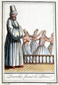 Derviches haciendo la oración (Derviches giradores) - en "Enciclopedia de Viajes" por Grasset Saint Sauveur, ed. París 1796 de Jacques Grasset de Saint Sauveur
