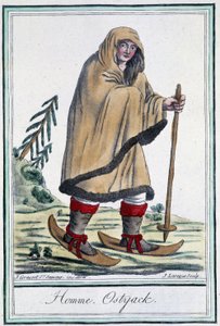 Hombre ostiaco con esquís - en "Enciclopedia de Viajes" por Grasset Saint Sauveur, ed. París 1796 de Jacques Grasset de Saint Sauveur