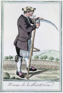 Hombre de la Selva Negra, afilando su guadaña para la cosecha - en "Encyclopedia of Voyages" de Grasset St Sauveur, ed. Deroy, París de Jacques Grasset de Saint Sauveur