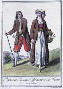Campesino y campesina de Trieste, Italia - en "Enciclopedia de Viajes" por Grasset St Sauveur, París de Jacques Grasset de Saint Sauveur