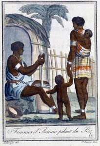 Mujeres de Issinie moliendo arroz - en "Encyclopedia of Travels" de Grasset St Sauveur, ed. 1796 de Jacques Grasset de Saint Sauveur