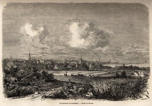 Vista general de Copenhague, dibujo de Jacques Guiaud (1810-1876), para ilustrar el viaje de J.M. Dargaud a Dinamarca (1800-1860), en 1860. Grabado en “Le tour du monde”, editado por Edouard Charton de Jacques Guiaud