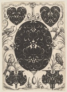 Colgante oval decorado con Schweifwerk, rodeado de motivos más pequeños y cuatro pájaros, ca. 1614-19