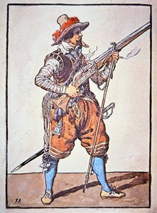 Arcabucero armado con mosquete de mecha, ilustración del 