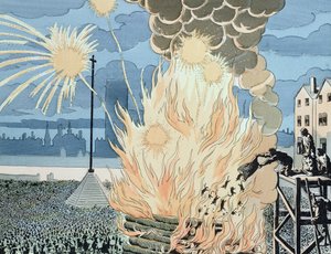 Gatos arrojados a la hoguera en la Place de Greve, París, durante la noche del solsticio de verano, ilustración de 