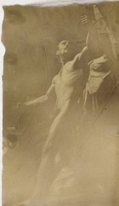 Estudio de un modelo desnudo masculino en un andamio, visto desde abajo, en el taller de Jacques de Lalaing