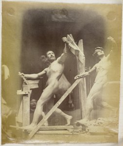 Estudio de un modelo desnudo masculino en un andamio, visto de lado y junto a un modelo de yeso en la misma pose, en el estudio de Jacques de Lalaing de Jacques Lalaing (attributed to)