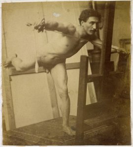 Estudio de un modelo desnudo masculino, inclinado hacia adelante con la pierna derecha hacia atrás, en el estudio de Jacques de Lalaing de Jacques Lalaing (attributed to)