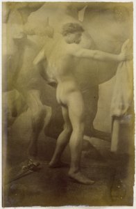 Estudio de un modelo desnudo masculino, de pie sobre el fondo de un mural monumental de caballos, en el taller de Jacques de Lalaing de Jacques Lalaing (attributed to)