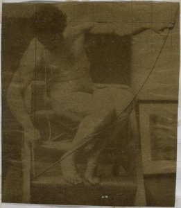 Estudio de un modelo desnudo masculino sentado en un escalón, visto de frente con una cuerda y un lazo en el regazo, en el estudio de Jacques de Lalaing