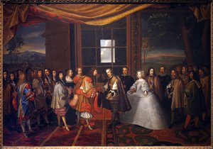 Guerra de los Treinta Años: "Entrevista del rey de Francia Luis XIV (1638-1715) y Felipe IV de España (1605-1665) en la isla de Paisans el 7/11/1659" España acepta firmar el Tratado de los Pirineos. La hija de Felipe IV, María Teresa (Marie-Therese) de Jacques Laumosnier