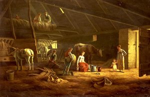 Una lechera, jornaleros y caballos de arado en un granero de Jacques Laurent (circle of) Agasse