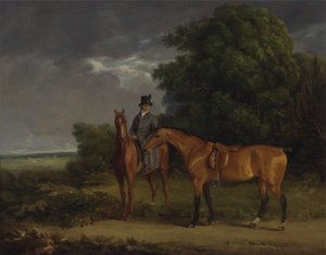 Un mozo montado en un cazador castaño, sostiene un cazador bayo por las riendas de Jacques Laurent Agasse
