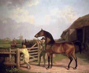 "Bay Ascham", un semental llevado a través de una puerta hacia una yegua, 1804 de Jacques Laurent Agasse