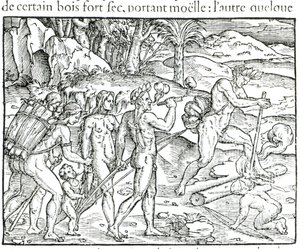 Nativos Indios Haciendo Fuego Después de Cazar, grabado por Theodor de Bry (1525-75) de Jacques Le Moyne
