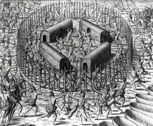 Johannes Staden ayuda a defender a los indios que lo capturaron contra los Tuppin Tkins, grabado por Theodore de Bry (1528-98), de 