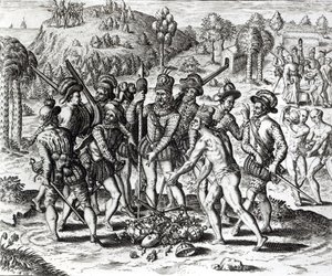 Españoles recibiendo regalos de los indios, de 
