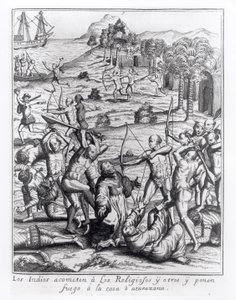 Los indios atacan a los sacerdotes y otros y prenden fuego a sus casas, grabado de 