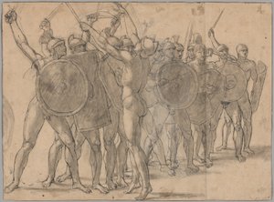 Soldados desnudos gesticulando con sus armas (recto); Dos estudios de drapeado para la figura de Tatius (verso)