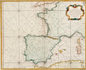 Mapa de Europa occidental con el meridiano de París como primer meridiano. de Jacques Nicolas Bellin