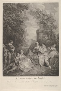 Conversación galante: parejas conversando en un jardín, 1743