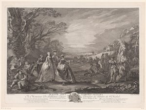Paisaje con cuatro figuras visitando un campamento militar Stop des Gardes Suisses (título sobre el objeto) de Jacques Philippe Le Bas