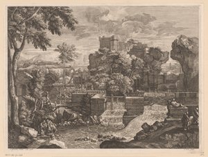 Paisaje fluvial con la Sagrada Familia en la huida a Egipto de Jacques Prou
