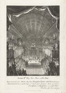 Huwelijk van Willem IV conoció a prinses Anna, 1734 George II Mag: Brit: Franc: & Hiber. Ceremonia de boda del rey entre Anna (...) y William (...) Martes 14: Año: 1733 (...) (título sobre objeto)