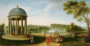 El teatro de la reina desde la rotonda, Stowe House, Bucks, con Lord Cobham y Charles Bridgeman de Jacques Rigaud