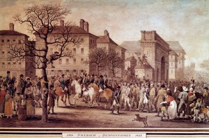 Campaña de Francia en 1814: "Entrada en París de los prisioneros de los ejércitos aliados (incluidos Rusia y Prusia), escoltados por la Guardia Nacional al mando del Mariscal Moncey el 9/03/1814" Litografía de Jacques Swebach-Desfontaines (1769-1823)