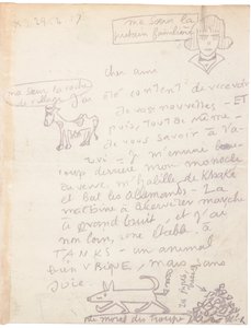 Carta autógrafa con dibujos de Jacques Vache