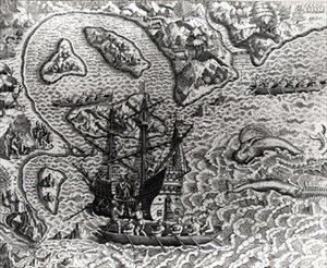 Johannes Staden llega a una isla desconocida y encuentra que los portugueses ya están allí, de Americae, 1593, escrito y grabado por Theodor de Bry (1528-98)