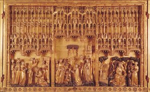 Retablo de Santos y Mártires, panel central la decapitación de San Juan Bautista, el Martirio de Santa Catalina de Alejandría y Santa Bárbara y la Tentación de San Antonio, c.1391 de Jacques de Baerze or Baers
