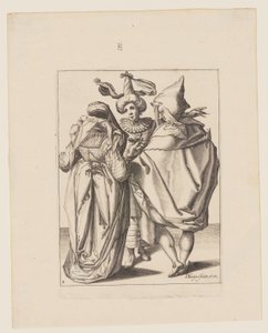 Una pareja se dirige a un joven que gesticula, de Las Mascaradas de Jacques de Gheyn II