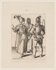 Un Grandee en traje oriental, un hombre con un gallo atado a su cinturón y una mujer con velo tocando el Rumbling-Pot, de Las Mascaradas. de Jacques de Gheyn II