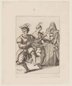 Una mujer velada con dos músicos tocando una plancha y un fuelle, de Las Mascaradas de Jacques de Gheyn II